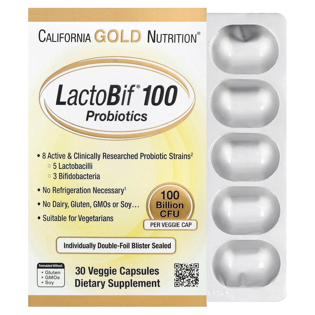 California Gold Nutrition LactoBif Probiotics, 100 Bllion CFU, 8 Active & Clinically Researched Probiotic Strains, Sugar-Free, Vegetarian, Individually Double-foil Blister Sealed, 30 Veggie Capsules