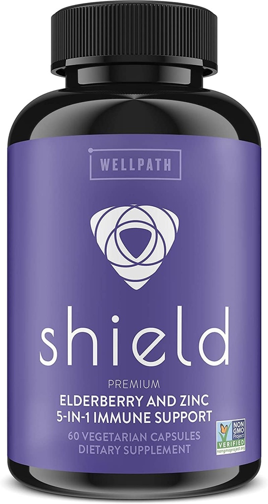 WellPath Shield Elderberry Capsules - 5-in-1 Immune Support Booster with Zinc, Vitamin C, Echinacea, Bee Propolis - Premium Zinc Supplement - 600 mg Sambucus Black Elderberry Pills for Adults - 60 Ct