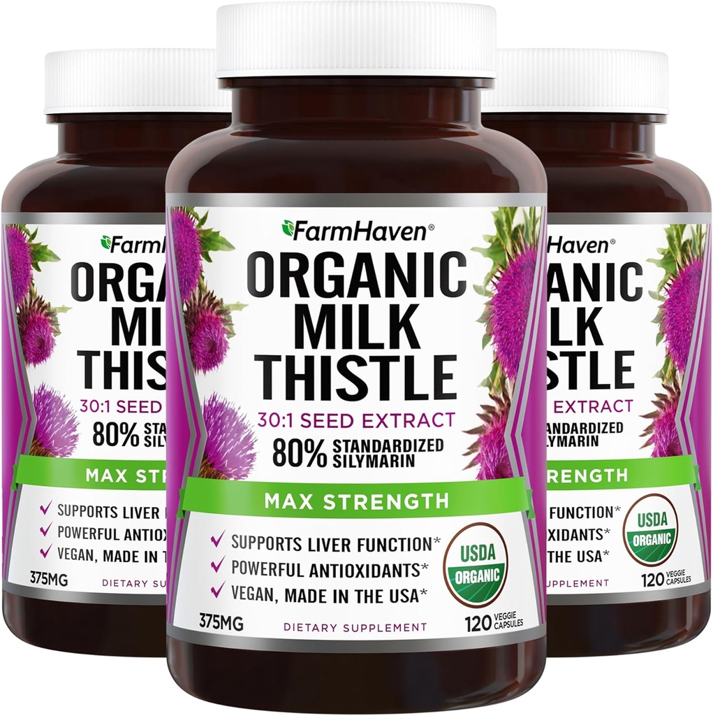 FarmHaven USDA Organic Milk Thistle Capsules | 30X Concentrated Seed Extract & 80% Silymarin Standardized - Supports Liver Function and Overall Health | Non-GMO | 360 Vegan Capsules