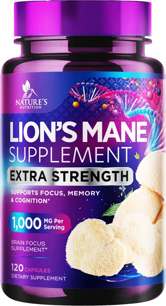 Lions Mane Mushroom Capsules - 1,000mg per Serving Lion’s Mane Supplement Capsules - Memory & Focus Support - Brain, Immune Health Support - Mushroom Powder Extract Vegan, Bottled in USA - 120 Count