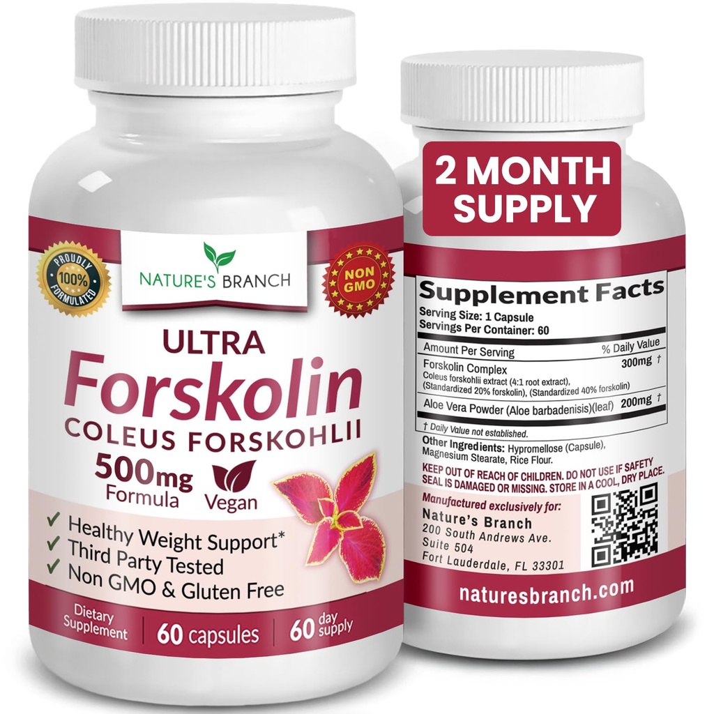 Ultra Forskolin for Weight Support 500mg - Maximum Strength Coleus Forskohlii Root Powder Extract for Men & Women, for Heart Health - Extra Strength Energy Complex, (2 Month Supply) 60 Capsules