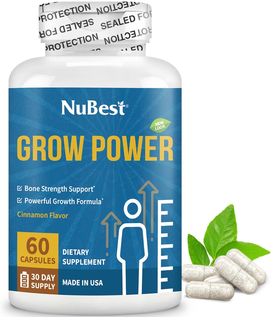NuBest Grow Power - Calcium Supplement, Magnesium Supplement with Vitamin D3, B6, Zinc, Phosphorus and Multivitamin for Strong Bones, Overall Health for Age 10+ | 60 Capsules | 1 Month Supply