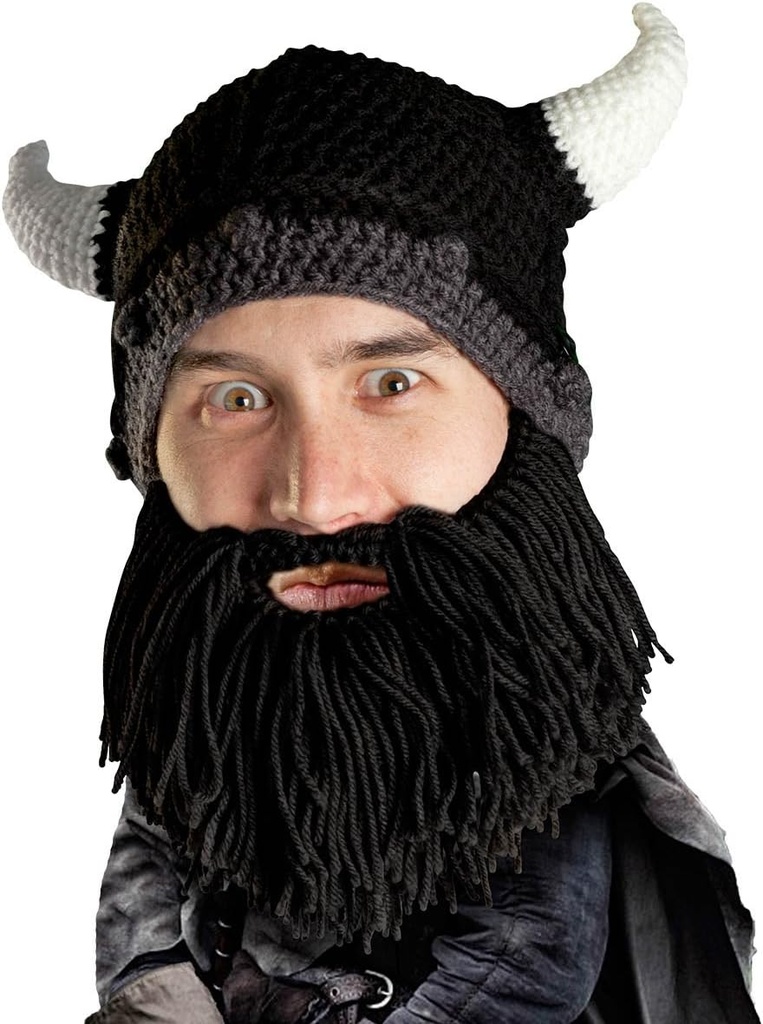 Beard Head Viking Looter - Original Handmade Knit Helmet and Removable Black Beard