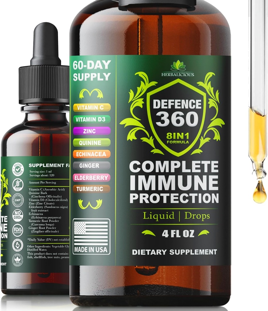 Defence360 Immune Support 8-in-1 Liquid Supplement with Vitamin C, D3, Zinc, Elderberry, Echinacea, Turmeric, Ginger & Quinine – Complete Immune Protection (4 FL OZ)