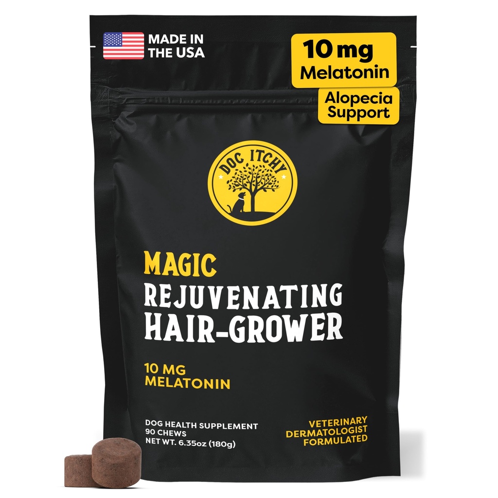 Doc Itchy Rejuvenating Hair-Grower Dog Pet Chews | 10mg Melatonin for Dogs | Hair Growth Booster | Senior Dog Energizer | Calming | Medical-Strength | Food Allergy Safe | Made in USA | 90 Count