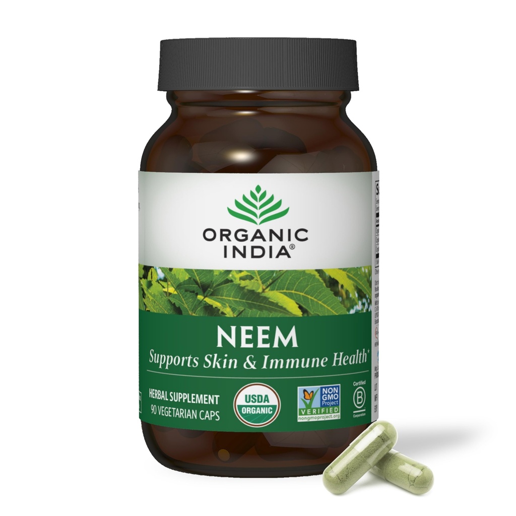 ORGANIC INDIA Neem Leaf Capsules - Herbal Supplement, Supports Skin & Immune Health, Vegan, Gluten Free, USDA Certified Organic - 90 Count