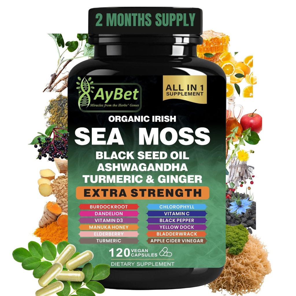 Organic Irish Sea Moss Capsules 120 Count –16 in 1 Sea Moss Supplement with Black Seed Oil, Ashwagandha, Turmeric & Ginger, Bladderwrack & Burdock Root, Vitamin D3 –Organic, Vegan, Halal, Non-GMO