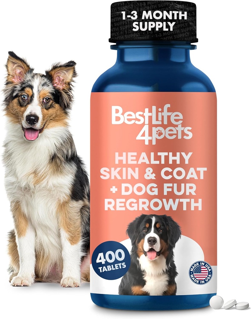 Natural Skin & Coat Supplement for Dogs, Large and Small, Dog Anti Itch Relief for Dry Skin, Rash, Allergy or Irritation, Reduces Shedding, Dandruff and Supports Dog Hair Growth, 400 Small Pills