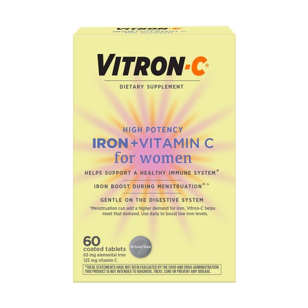 Vitron-C Iron Supplement for Women with Vitamin C, for Red Blood Cell Production & Immune Support, 60 Count
