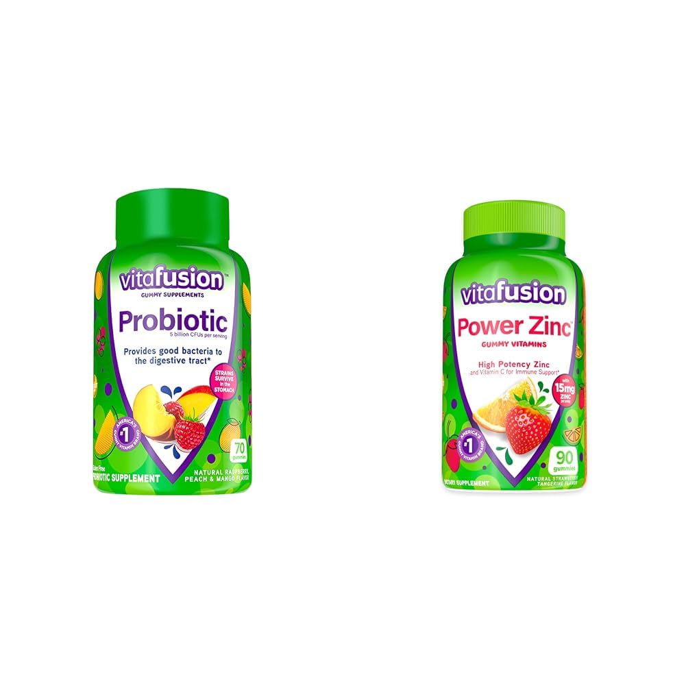 Vitafusion Probiotic Gummy Supplements, Raspberry, Peach and Mango Flavors, 35 Day Supply, 70 Count Power Zinc Gummy Vitamins, Strawberry Tangerine Flavored, 90 Count