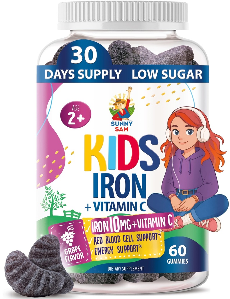 SUNNY SAM Iron Gummies for Kids & Teens - 10mg Iron Vitamins with Vitamin C - Low-Sugar Chewable Gummy Supplement for Immune Support, Supports Red Blood Cell Production for Children & Teen Girls