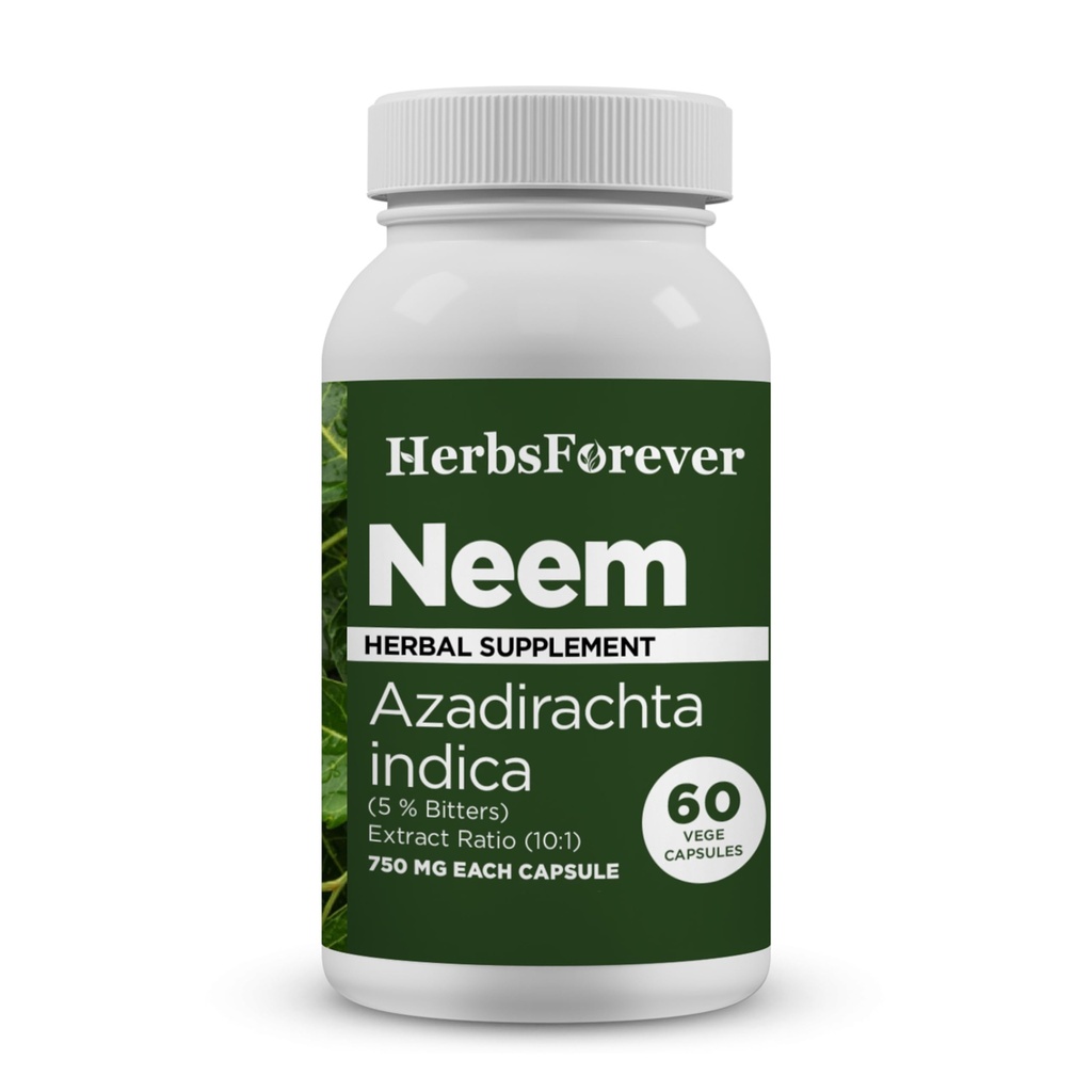 HerbsForever Neem(Azadirachta Indica)-Extra Strength(10:1)Extract, Equiv.to 2450mg Leaves Powder Per Serving-Supports Immunity,Clear Skin,Face Complextion & Blood purify|5%Bitters|60Veg Capsule|750mg