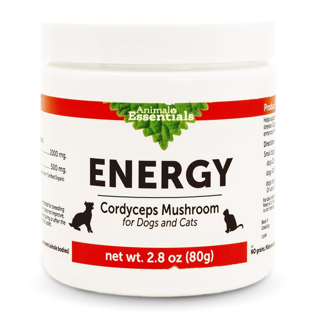 Animal Essentials Energy Cordyceps Mushroom Supplement for Dogs & Cats - Support Stamina & Endurance, Healthy Respiratory & Kidney Functions, Antioxidant, Mushroom Powder Extract - 2.8 Oz (Pack of 1)