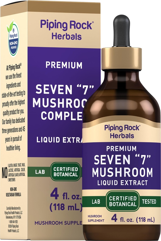 Piping Rock Mushroom Complex Liquid Drops | 4 Fl Oz | 7 in 1 Tincture Supplement for Women and Men | with Lion's Mane Extract | Vegetarian, Non-GMO, Gluten Free