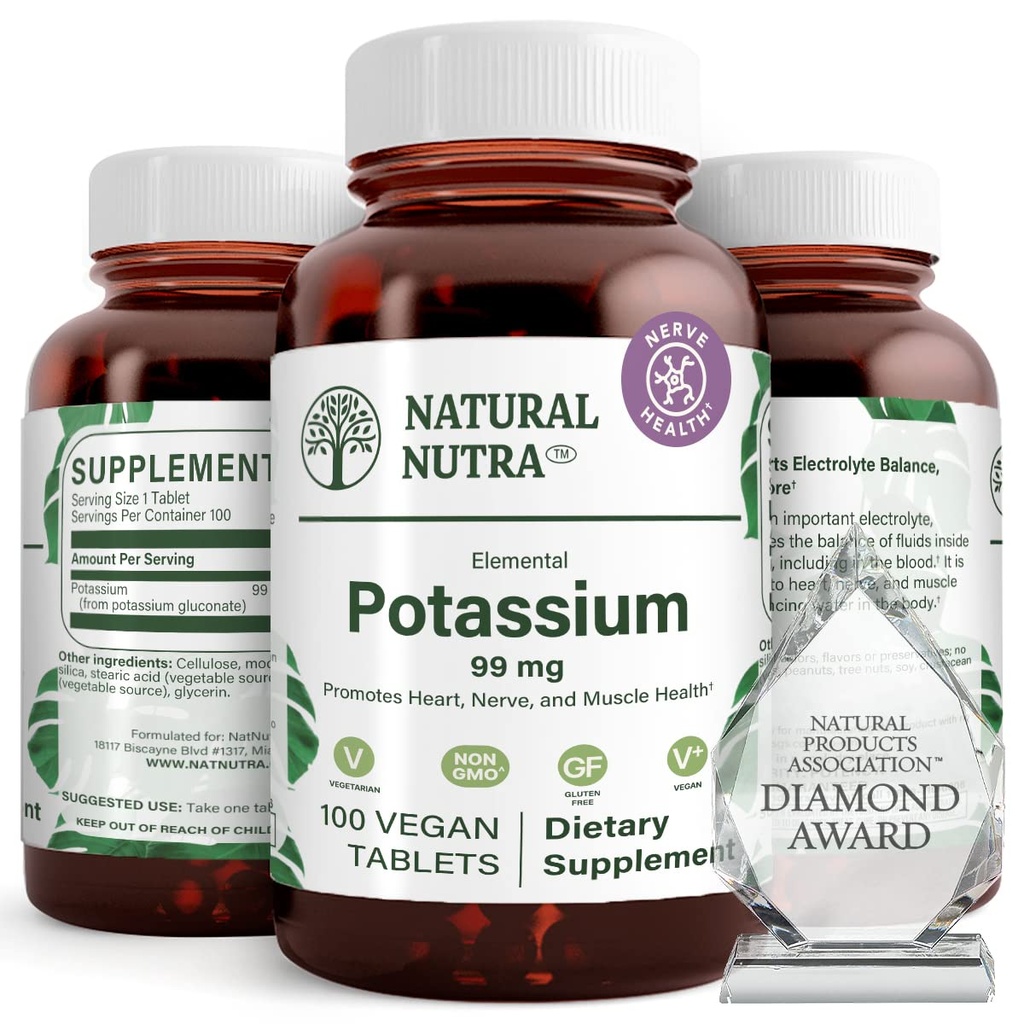 Natural Nutra Elemental Potassium Gluconate 99 mg Dietary Supplement – Promotes Energy, Helps Boost Nervous System, Promotes Heart Health, Mineral Regulation, Muscle Function - 100 Vegan Tablets