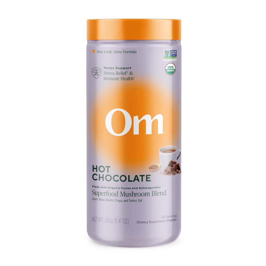 OM MUSHROOM SUPERFOOD Hot Chocolate Blend – Dutch Cocoa with Lion’s Mane, Reishi, Chaga & Turkey Tail – Supports Focus, Calm & Stress Relief – 2g Sugar, 25 Calories – 8.47 oz Canister (30 Servings)