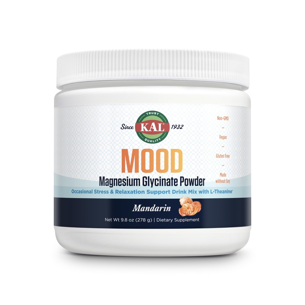 KAL Mood Magnesium Powder with L-Theanine - Mandarin Flavor Magnesium Supplement - Relaxation Support, High Absorption, No Added Sugar, Vegan, Gluten Free, Made Without Soy - 40 Servings, 9.8 oz