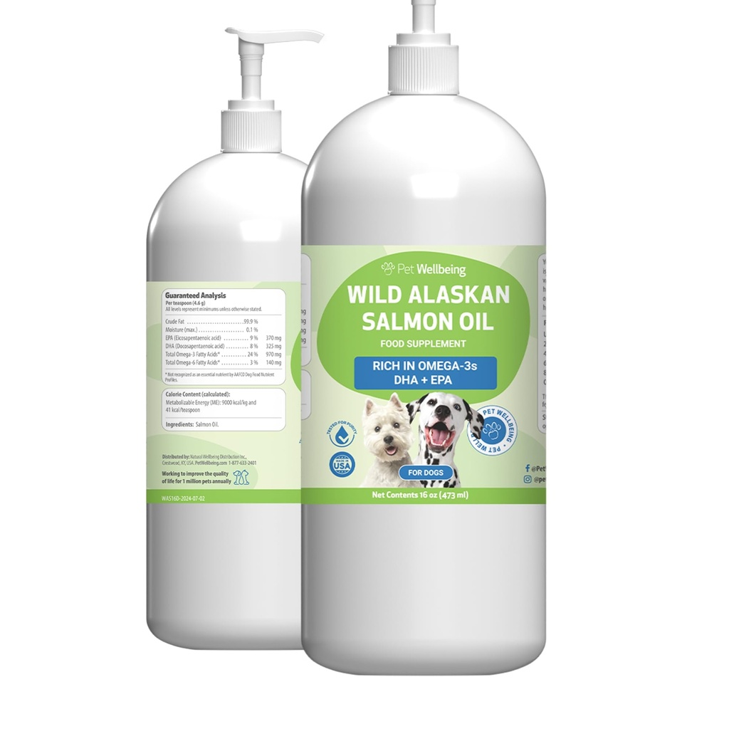 Pet Wellbeing Wild Alaskan Salmon Oil for Dogs - Omega 3 Fish Oil with EPA & DHA, Skin, Coat, Joint & Heart Health - NASC Certified & Vet Formulated - 16 oz Pump Bottle