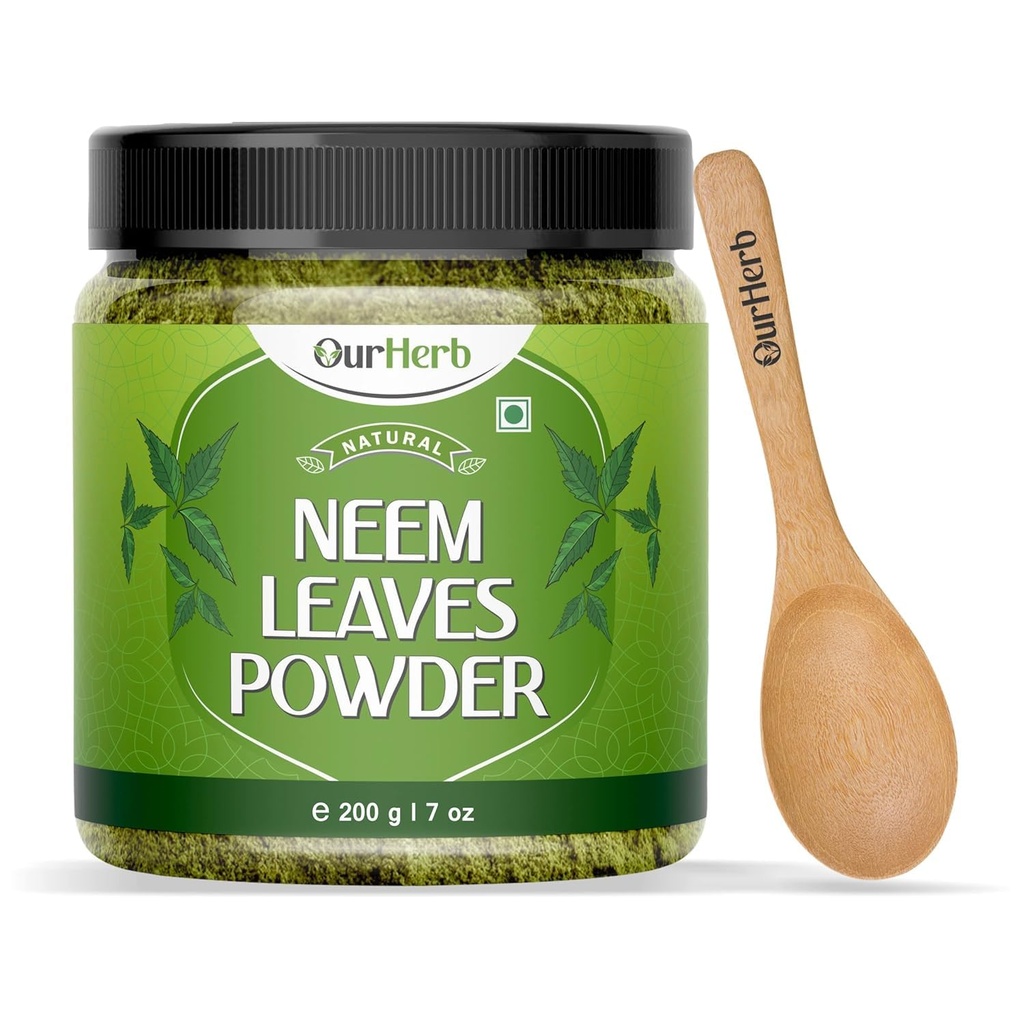 Pure Neem Leaves Powder Natural Solution for Pimple-Free Clear Skin & Silky Hair, Ideal for Face Packs, Hair Care, and Pigmentation Support with Wooden Spoon – 200g | 7.04 Oz