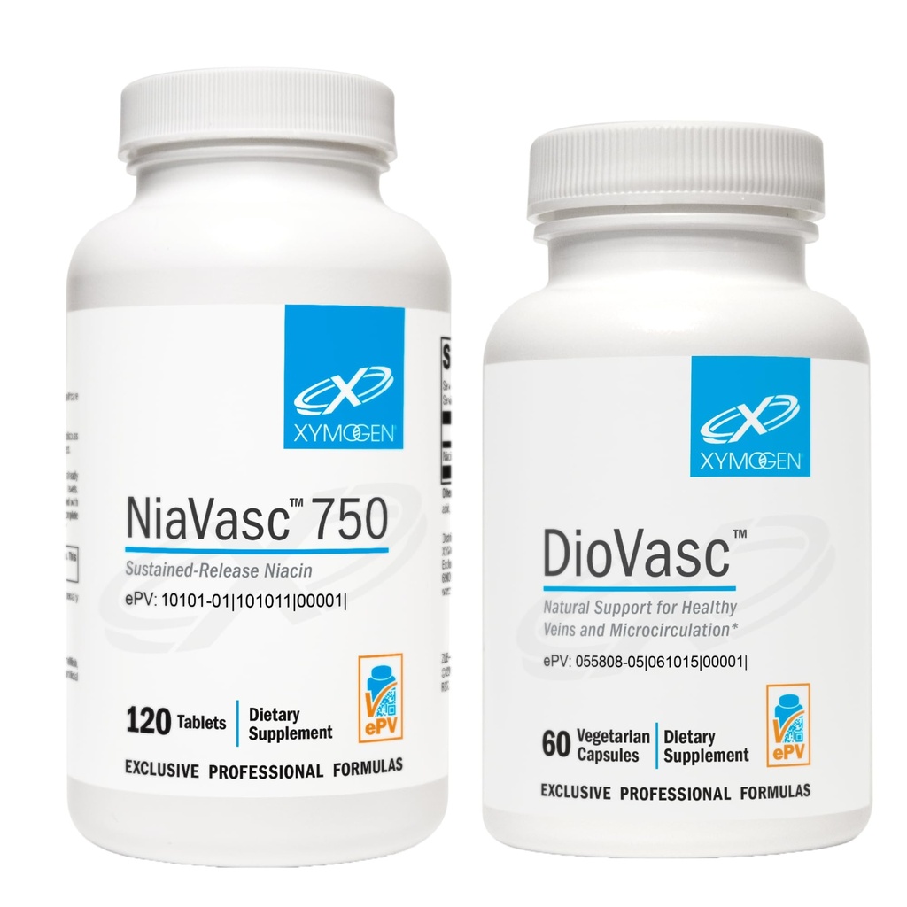 XYMOGEN NiaVasc 750 Sustained Release Niacin (120 Tablets) + DioVasc Support for Healthy Veins + Micocirculation (60 Capsules)