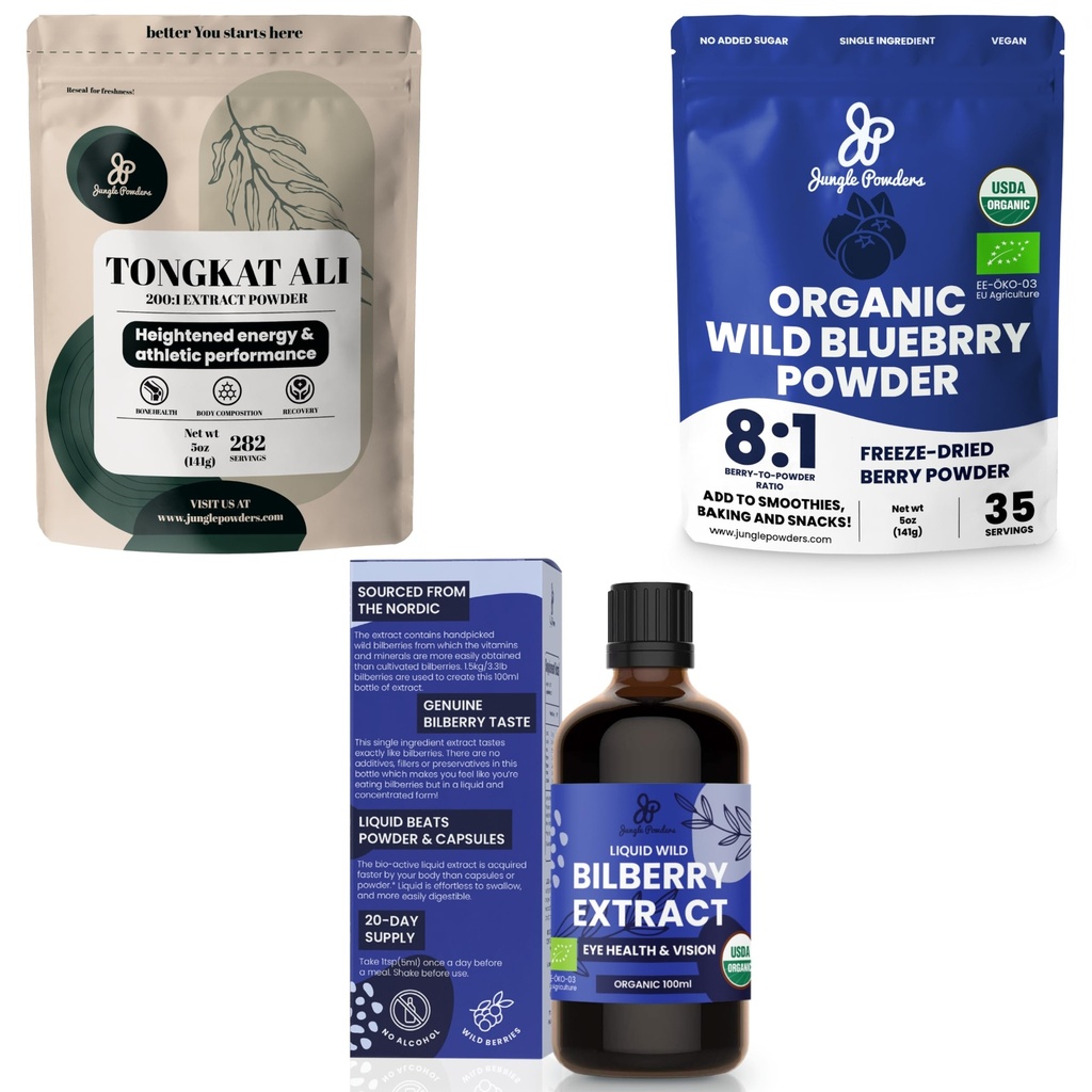 Jungle Powders Ultimate Men's Health & Wellness Bundle: 5oz Tongkat Ali Powder, 5oz Wild Blueberry Powder & 3.4oz Organic Bilberry Liquid Extract - Premium Supplements for Drive, Passion, Eyesight
