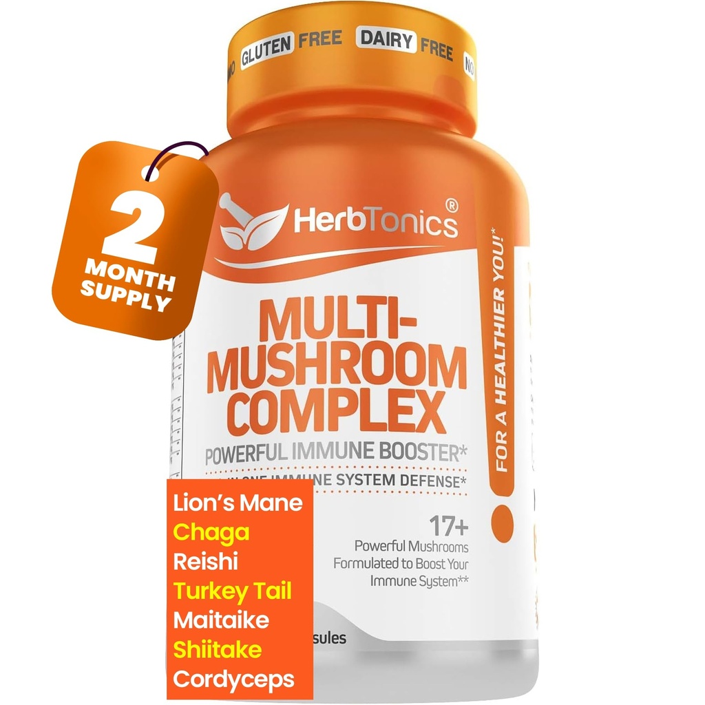 Herbtonics All-in-One Mushroom Supplement for Immune System Support | Nootropic Brain Support Supplement with Lion's Mane, Cordyceps, Reishi | Powerful Mushroom Complex | 120 Vegan Capsules