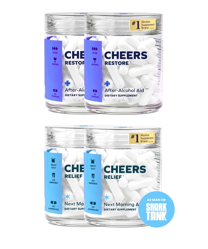 Cheers R&R Combo | Restore + Relief | Feel Better After Drinking & Support Your Liver | DHM, L-Cysteine, Milk Thistle, Ginger, White Willow Bark, Caffeine, L-Theanine | 24 Doses Each | Supplements