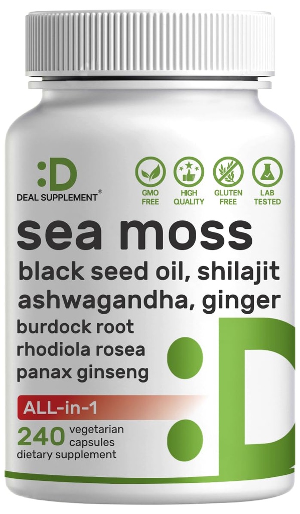 DEAL SUPPLEMENT Irish Sea Moss 240 Veggie Capsules – 14 Superfood Complex with Black Seed Oil, Ashwagandha, & Ginger