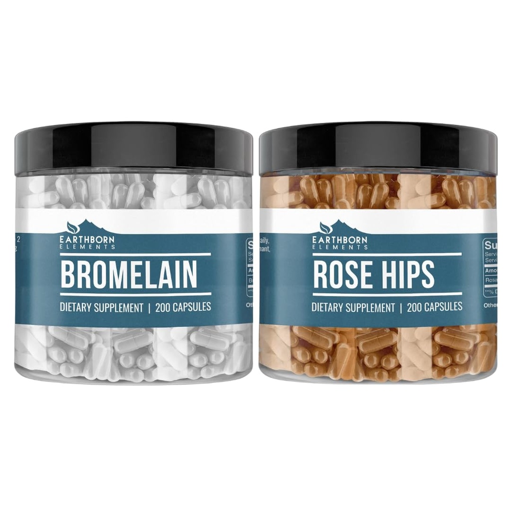 Earthborn Elements Rose Hips & Bromelain Capsule Bundle (200 Capsules Each), Pure & Undiluted, No Additives