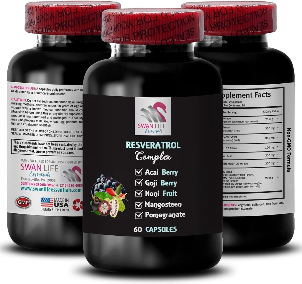 Berry Superfoods - RESVERATROL COMLEX - Powerful Antioxidants, Balanced Lifestyle, Flavorful Energy, Acai Berry Strength, Noni Blend, Berry Benefits, Hydration Balance, Refreshing 1 Bottle 60 Caps