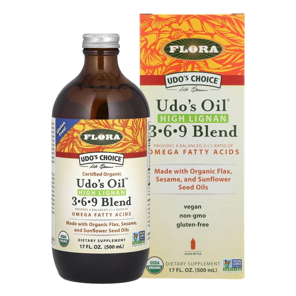 FloraHealth Udo's Oil High Lignan 3•6•9 Blend, 2:1:1, 17 fl. oz. Glass | Cold-Pressed Formula, Non-GMO, Organic & Vegan, Keep Chilled