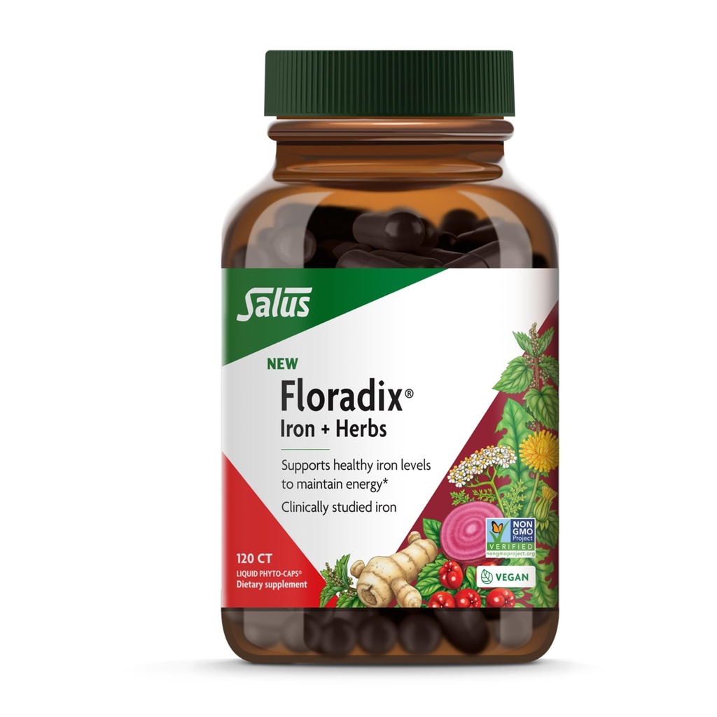Floradix Iron + Herbs - Iron Supplement for Healthy Energy Support* - Supports Red Blood Cell Formation - Vegan, Non-GMO, Gluten-Free, Soy-Free - 120 Liquid Phyto-Caps