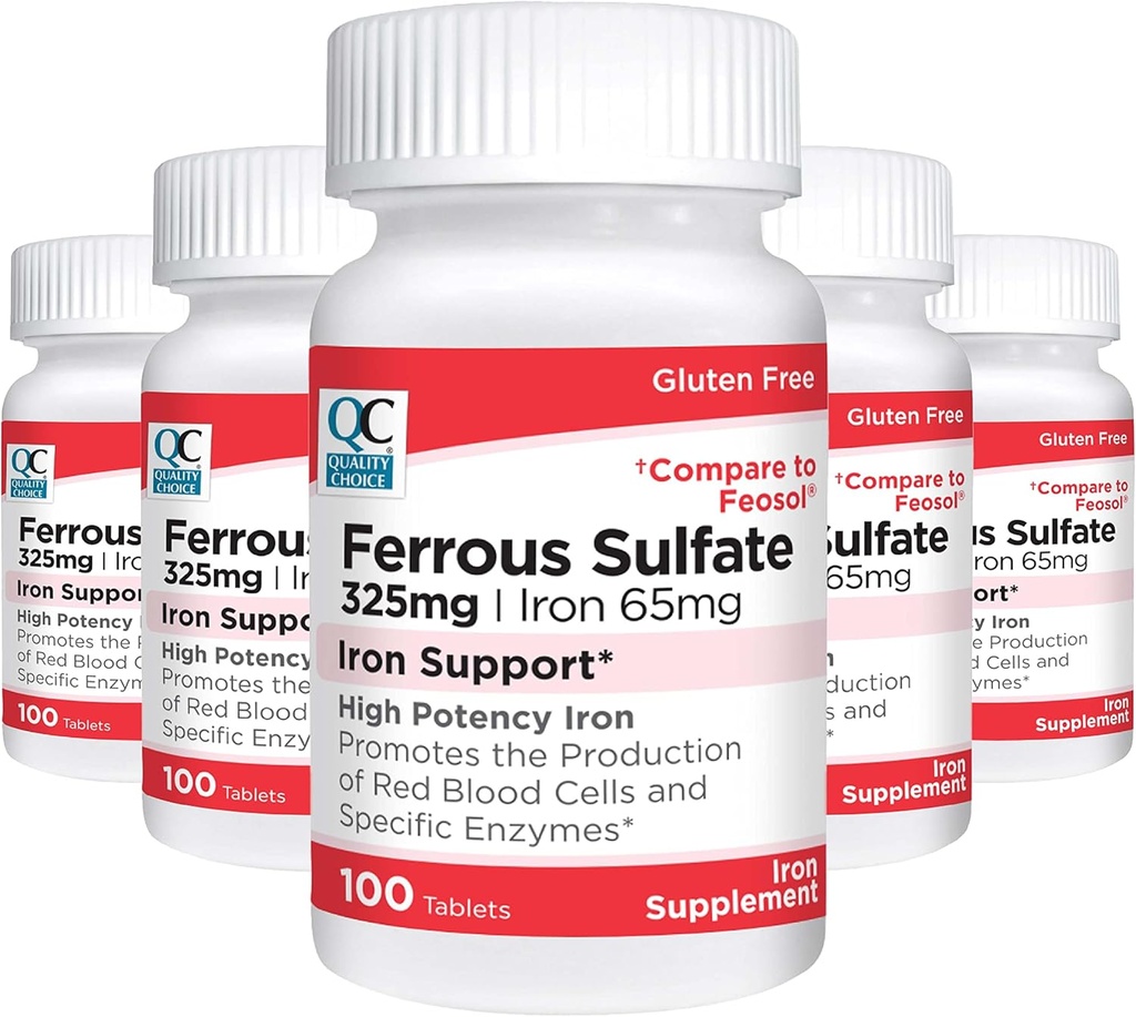 Quality Choice Iron 65 mg (325 mg Ferrous Sulfate) High Potency Iron Support Supplement Tablets in 100 Count Bottles (5 Pack)