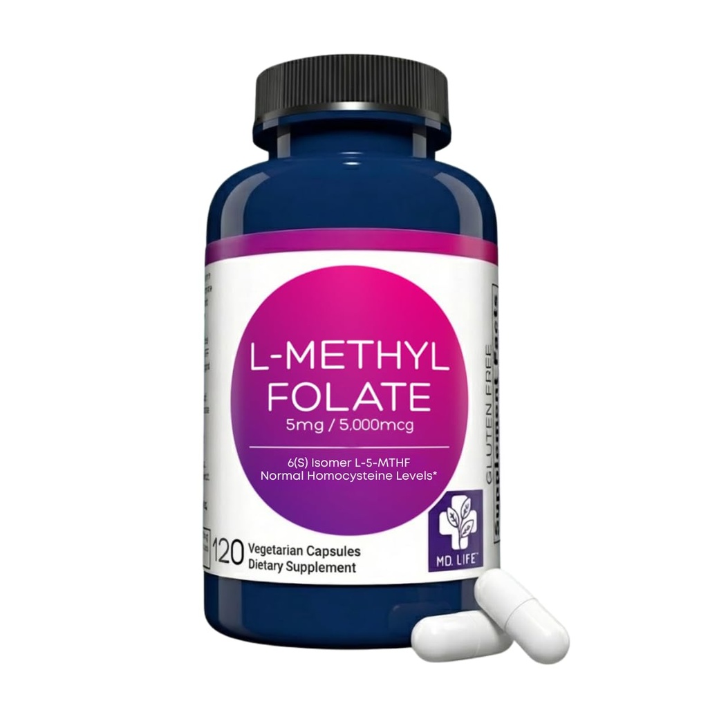 MD. Life L-Methylfolate 5 mg, Professional Grade, 120 Capsules, 5-MTHF | Active L-Methylfolate Supplement with Essential Amino Acids - Maximum Potency MTHFR Support - Doctor Designed, Made in USA