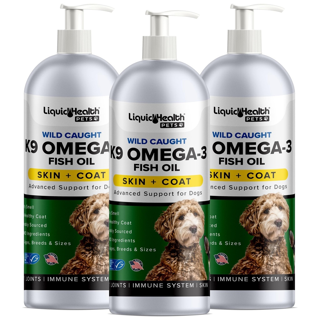 Liquid Health Pets K9 Omega 3 Fish Oil for Dogs - Liquid Omega 3 Supplement for Pets with EPA + DPA + DHA - Reduce Itching & Shedding, Support Joints, Immunity, Brain, Heart Health - USA Made (3 Pack)