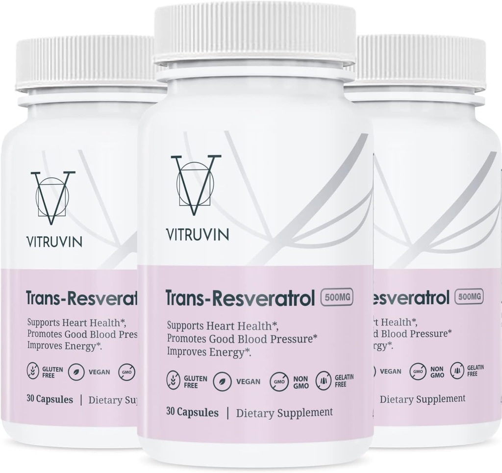 Vitruvin Trans-Resveratrol 500mg, 3 Bottles Pack, Vegan, Non-GMO, Gluten-Free, Gelatin-Free.