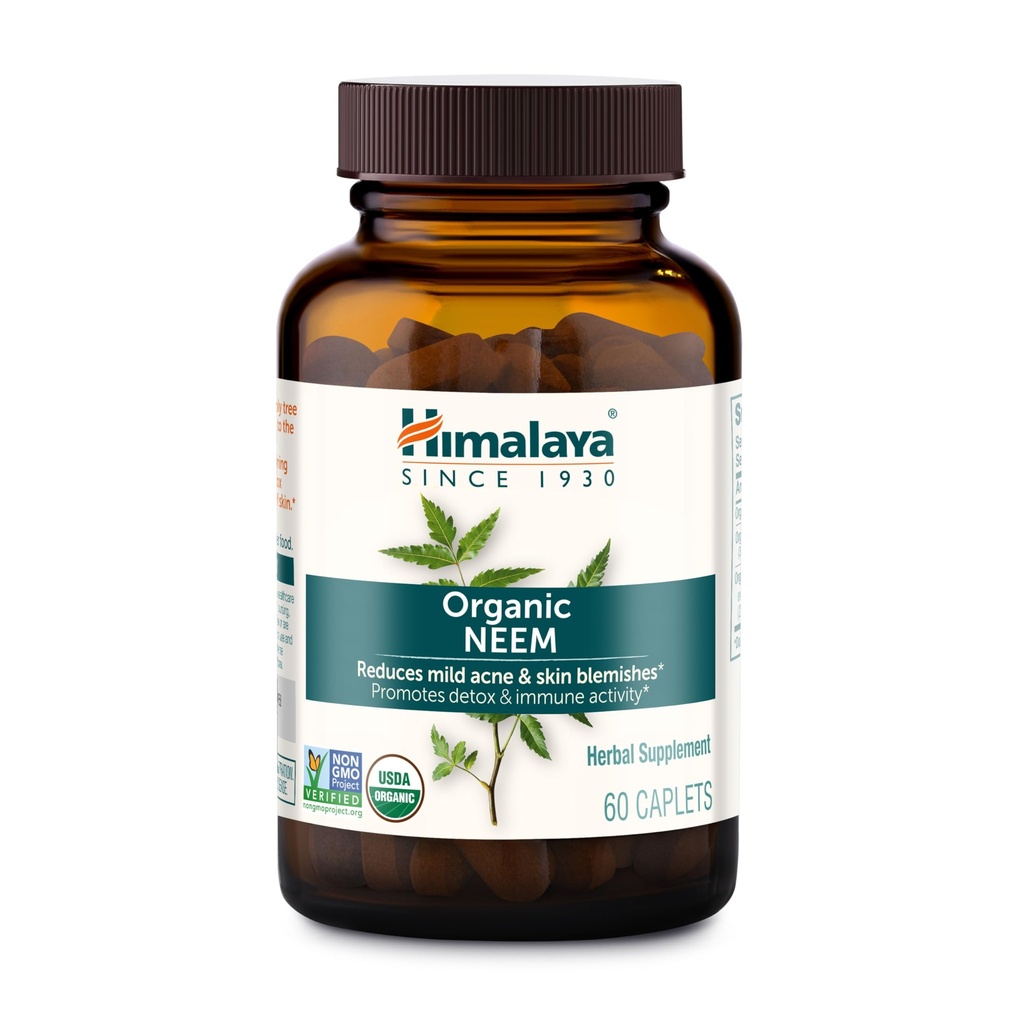 Himalaya Organic Neem, 60 Day Supply - Herbal Acne Supplements Supporting Clear Skin and Detox - USDA Organic, Vegan, Non-GMO, Gluten Free, 600 mg, 60 Caplets