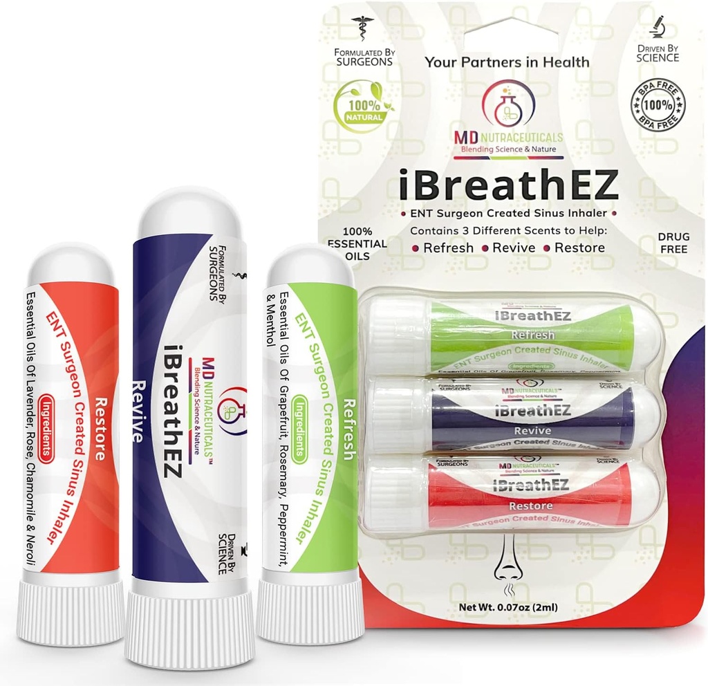 iBreathEZ Nasal Sinus Inhaler Kit Formulated by ENT Surgeons with Essential Oils for Energy, Stress, Decongesting & Cold or Allergy Relief (3 Pack)