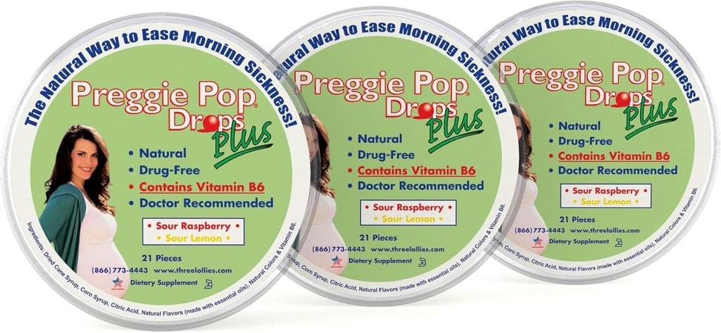Preggie Pop Drops Plus | 21 Drops Each | Vitamin B6 for Morning Sickness during pregnancy | Safe for pregnant Mom & Baby | Gluten Free | Two Flavors: Lemon & Raspberry (Pack of 3)