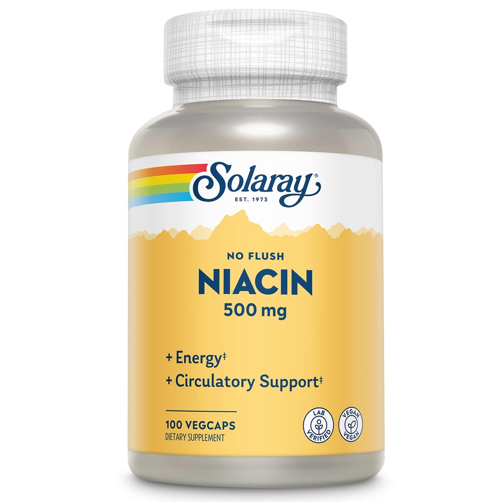 SOLARAY No Flush Niacin 500mg, Flush-Free Vitamin B3 Niacin, Energy and Circulatory System Support, Vegan, Lab Verified, 100 Servings, 100 VegCaps