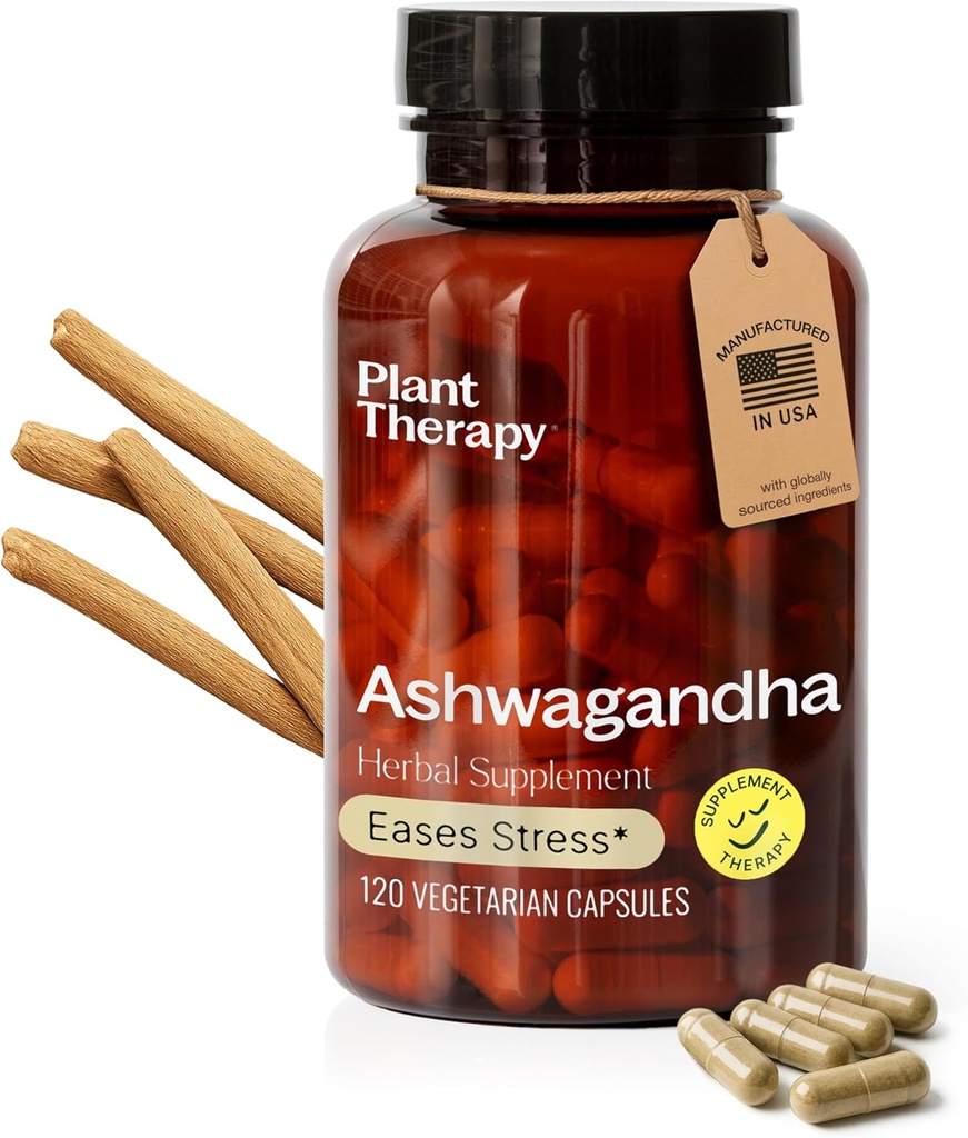 Plant Therapy Ashwagandha Capsules Manufactured in USA 4 Month Supply Promotes Relaxation and Emotional Balance Supplements for Women & Men 120 Vegetarian Capsule