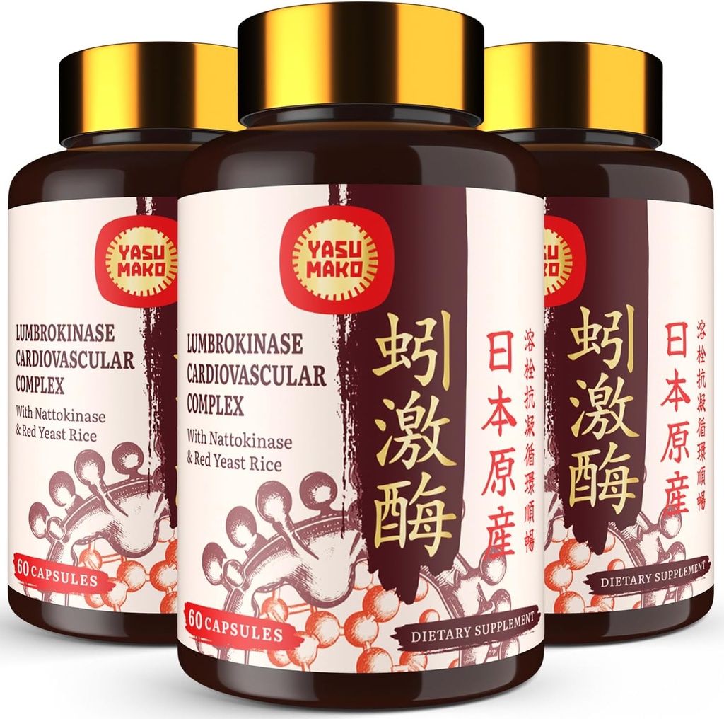 Lumbrokinase 100mg (Max Activity 1,000,000 LKU),Nattokinase 100mg-2,000 FU of Activity and Red Yeast Rice 300mg, Lumbrokinase Enzymes Supplement for Circulatory,Cognition,180 Capsules (Pack of 3)