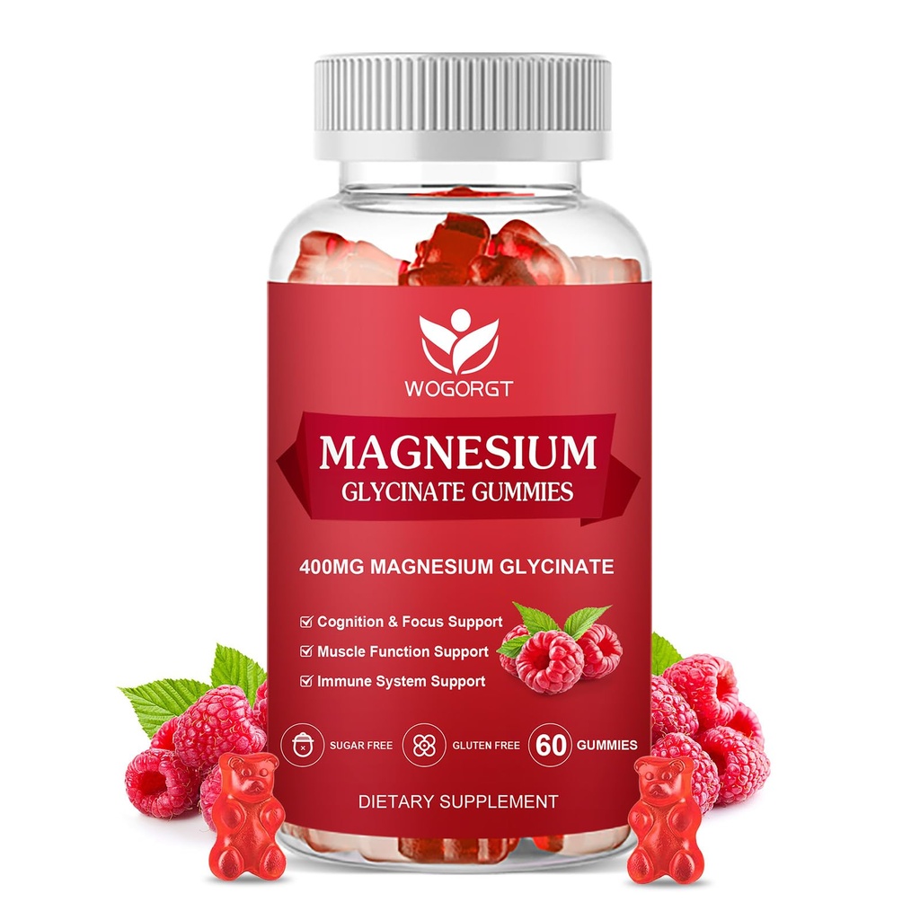 400mg Magnesium Glycinate Gummies with 200mg Magnesium Malate, Vitamin D, B6, and CoQ10, Magnesium Glycinate Supplement for Relaxation and Cognition, Sugar Free, Raspberry Flavor - 60 Gummies