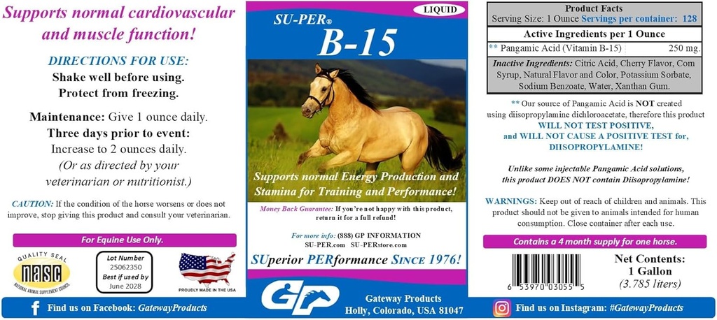 SU-PER B-15 Vitamin Supplement for Horses - Equine Vitamin B-15 Liquid for Performance Support - Supports Normal Cardiovascular Immune & Muscle Function - 1 Gallon, 4 Month Supply (120 Days)