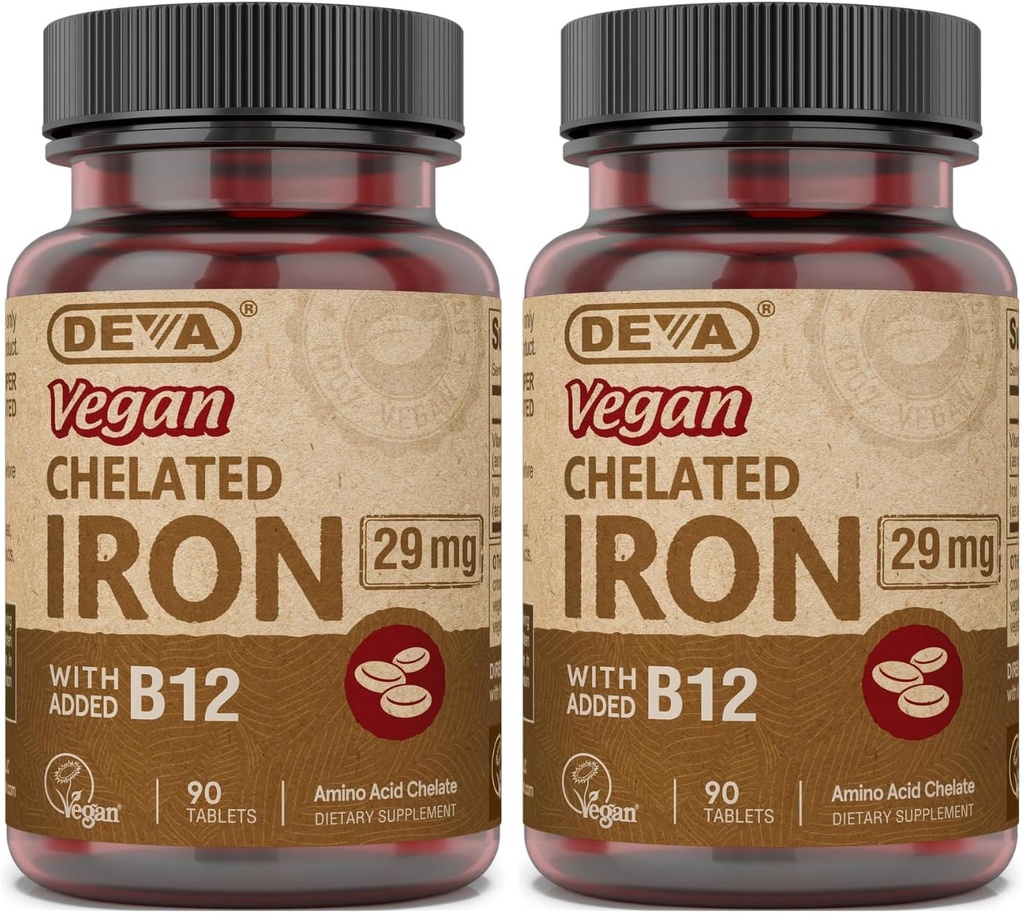 DEVA Nutrition Vegan Chelated Iron 29 mg Fortified with B-12 - High Potency, Easy to Swallow - 90 Tablets, 2-Pack