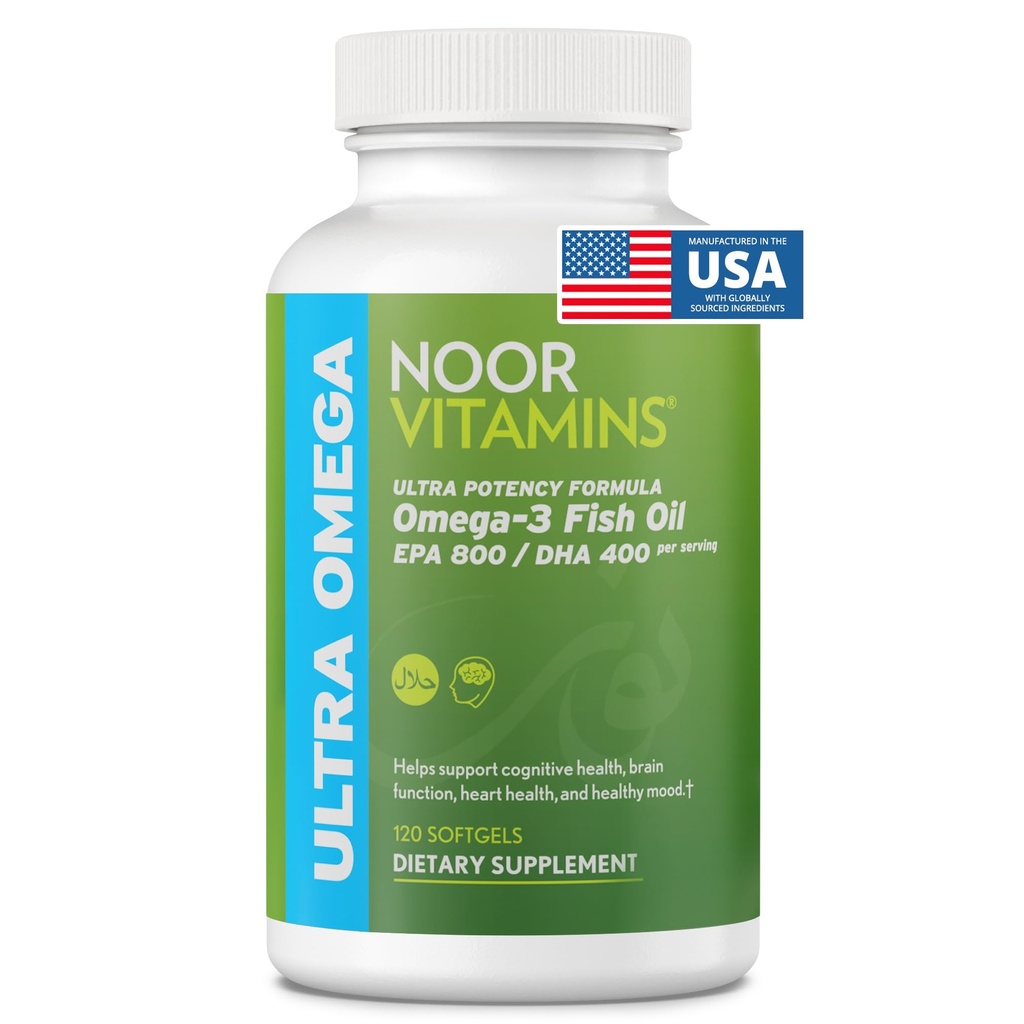 Noor Vitamins Halal Fish Oil, Halal Vitamins, Ultra Omega 3 Wild Peruvian Fish (800 mg EPA & 400 mg DHA) Heart, Brain & Joint Support, Non-GMO and Gluten Free (120 Count)