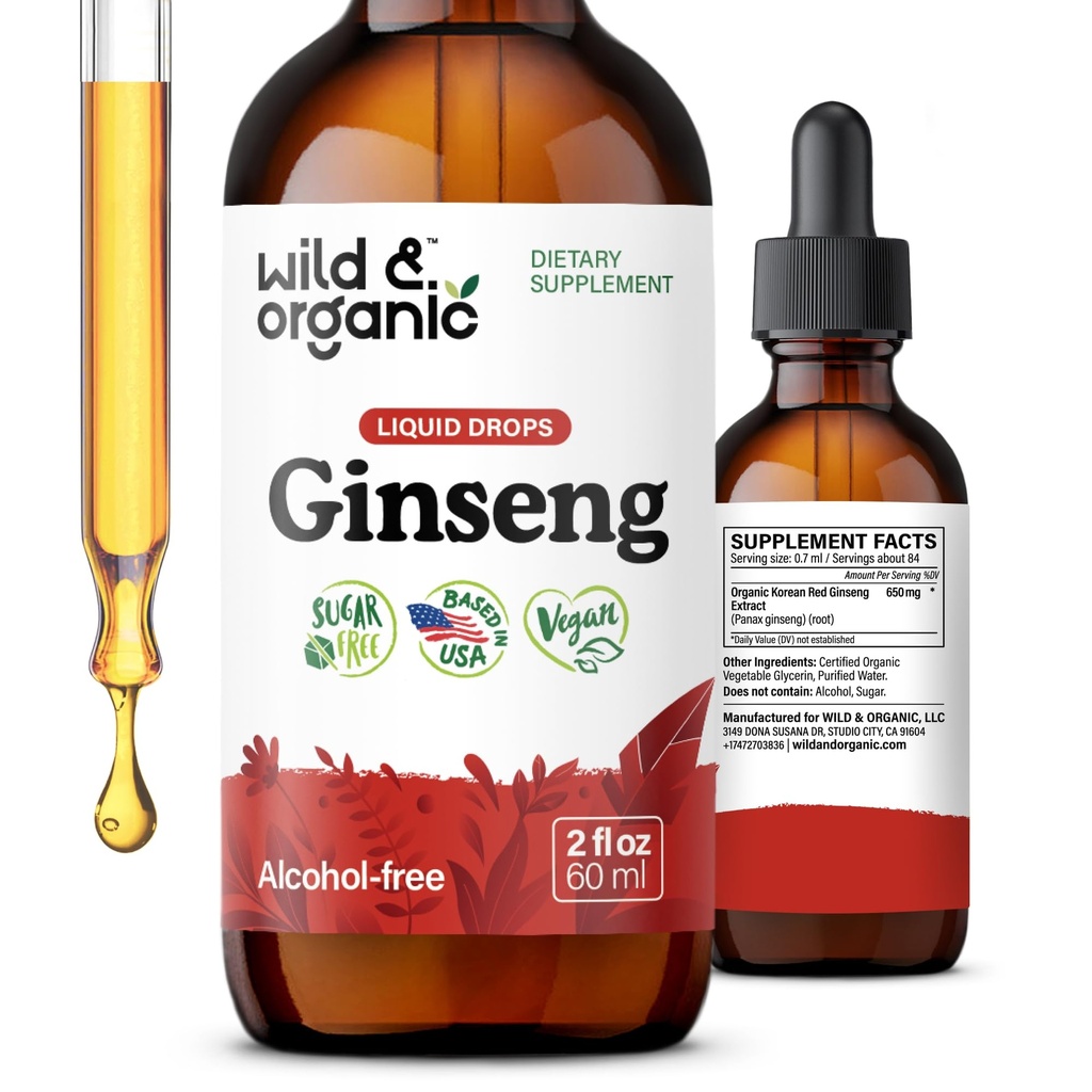 Wild & Organic Korean Red Ginseng Extract Drops - Immune & Energy Support - Panax Ginseng Supplement - Add to Tea Liquid Root Tincture - Vegan, Sugar & Alcohol-Free - 2 fl oz