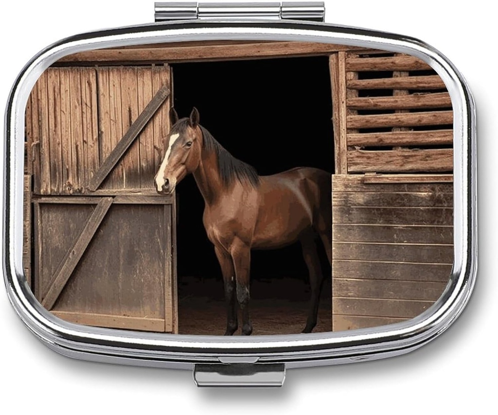 Square Pill Case 2 Compartment Barn Horse Pill Box Mini Medicine Pill Organizer Portable Travel Pillbox for Pocket Purse Metal Pill Container for Vitamins Fish Oil Supplements
