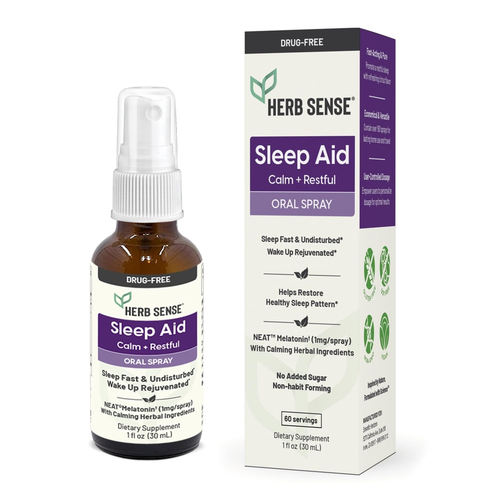 Sleep Aid, Liquid Melatonin, Natural Herbs, Calm, Restful, Oral Spray,1 oz, Drug-Free, 60 Servings