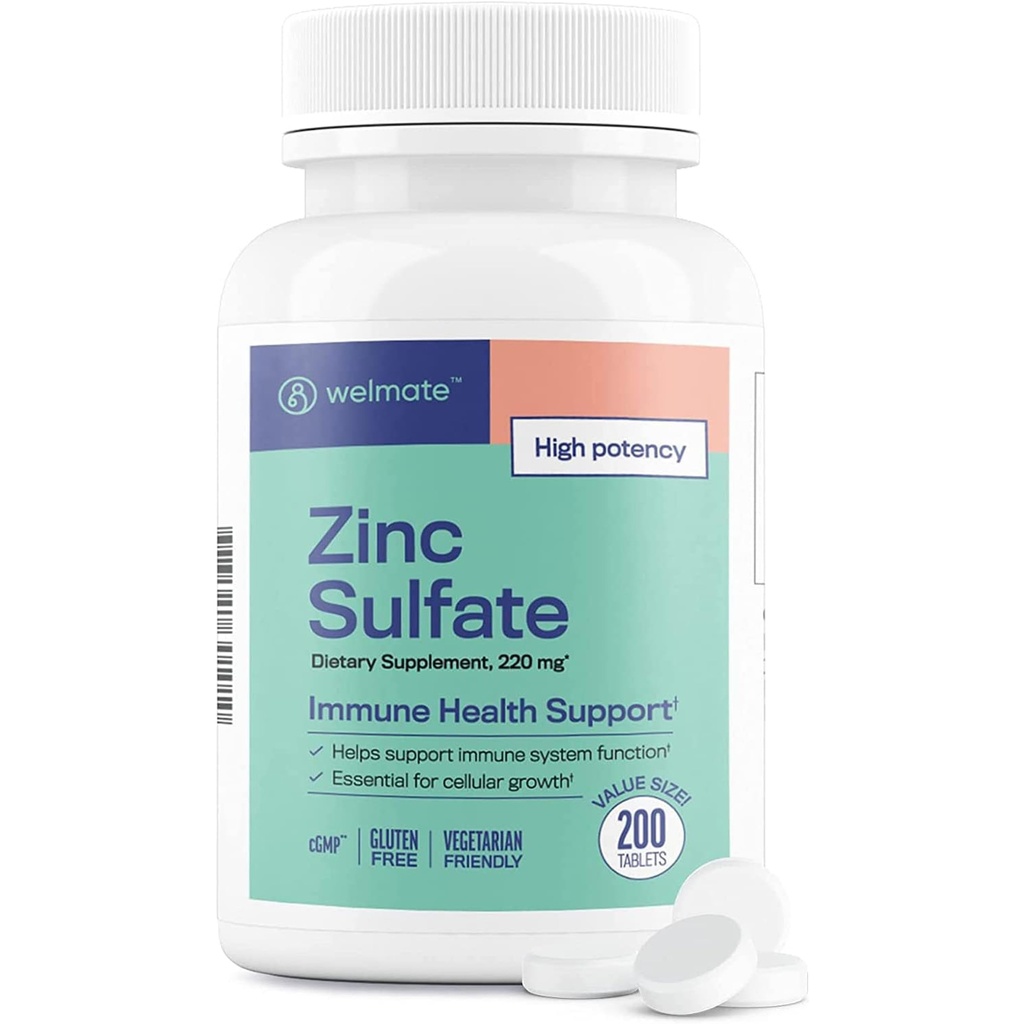 WELMATE Zinc Sulfate 220 mg (50 mg Elemental Zinc) High Potency Tablets, 200 Count (200 Day Supply) - Immune Support Dietary Supplement for Men & Women - Skin & Hair Health - Vegetarian, Gluten Free